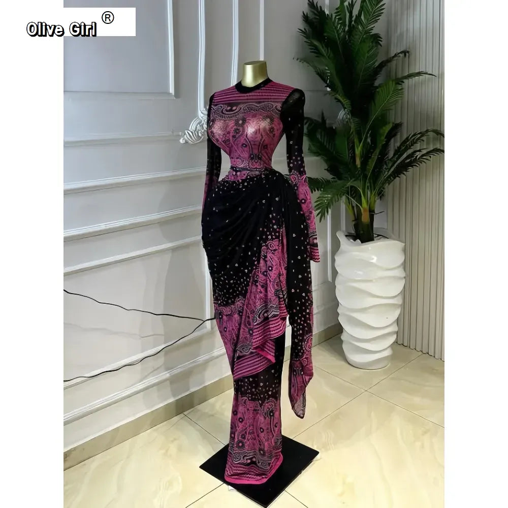 Women Tie Dye Printed Stacked Ruched Long Sleeve Midi Bodycon Maxi Long Dress Birthday Party Education Trendy Dresses