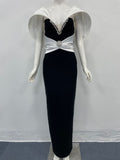 Sexy Women's Dress With Large Shoulders In White And a Cinched Waist With a v-Neck, Long Backless Bandage, And a Long Dress For