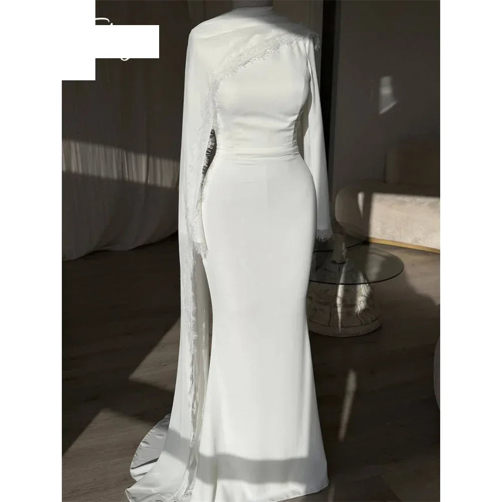 Asymmetric Cape Lace Trimmed Mermaid Maxi Dress High Neck Long Sleeve Civil Wedding Sleek Crepe Formal Evening Gown 2026
