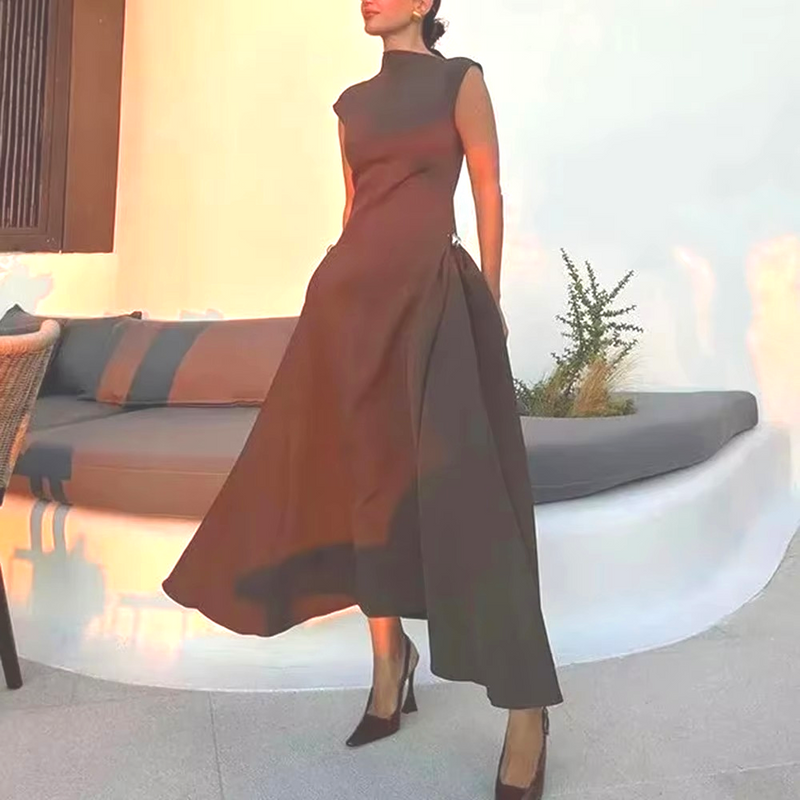 Solid Minimalist Slimming Dresses for Women O Neck Sleeveless High Waist Temperament Dress Female New