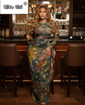 Women Print O-neck Ruched Ribbon Bodycon Long Dress 2026 Spring Street Evening Birthday Club Party Vestidos Sexy Dresses