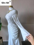 Women Skew Neck Flare Long Sleeve Ruched Stacked Maxi Long Dress Fall Birthday Evening Sexy Party Dresses with Scarf