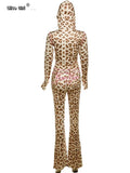 Leopard Letter Print 2 Piece Set Women Tracksuit Sporty Casual Hooded Crop Jacket+Flare Pants Stretch Matching Suits