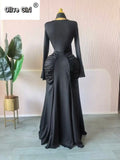 Women Skew Neck Flare Long Sleeve Ruched Stacked Maxi Long Dress Fall Birthday Evening Sexy Party Dresses with Scarf