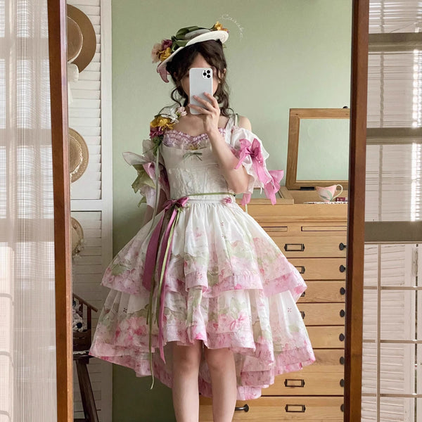 Lolita Original Corset Jsk Dress SP Pink Green Spring/summer Print Daily Bow Lolita High-end Women's Cosplay