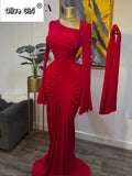 Women Skew Neck Flare Long Sleeve Ruched Stacked Maxi Long Dress Fall Birthday Evening Sexy Party Dresses with Scarf
