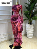 Women Print O-neck Ruched Ribbon Bodycon Long Dress 2026 Spring Street Evening Birthday Club Party Vestidos Sexy Dresses