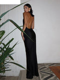Halter Backless Dress Women Summer Trend Elegant Side Split Deep V-Neck Long Bodycon Midnight Party Ruched Vestidos