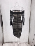 Sexy Black Mesh Summer Dress Women Slash Neck Folds Bodycon Dress Woman Party Night Vintage Elegant Dress Ladies Vestidos