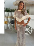 Silver Sequin Fringe 2 Piece Outfit Chic High‑neck Crop Top Mini Skirt Set 2026 Summer Beach Nightclub Party Women Matching Suit