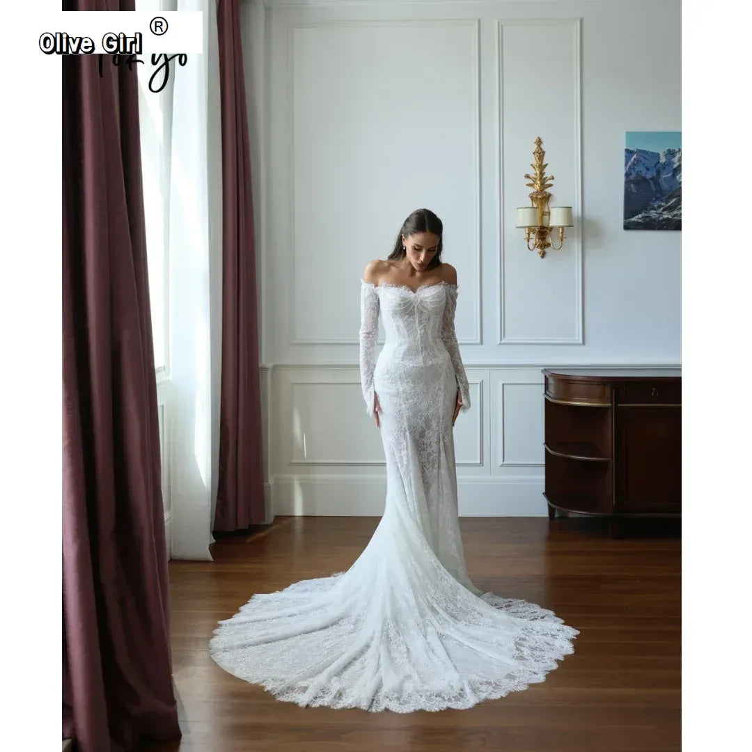 Custom Off Shoulder Long Sleeve Lace Mermaid Wedding Dress Delicate Sweep Train Bridal Gown Formal Wedding Evening Outfit