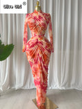 Tie Dye Printed Women Set Wrap Crop Top + Ruched Maxi Skirt 2026 Summer Beach Vacation Birthday Two Piece Set Outfits