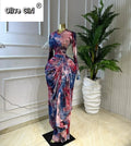 Women Print O-neck Ruched Ribbon Bodycon Long Dress 2026 Spring Street Evening Birthday Club Party Vestidos Sexy Dresses