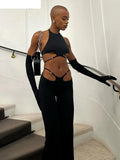 Hollow Straps 2 Piece Sets Woman Summer Sexy Solid Halter Backless Tops+Sequined Flared Pants Party Skinny Outfits