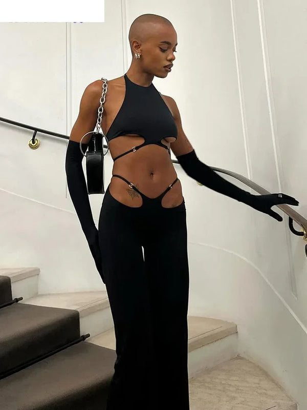 Hollow Straps 2 Piece Sets Woman Summer Sexy Solid Halter Backless Tops+Sequined Flared Pants Party Skinny Outfits