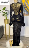 Women Long Sleeve Stacked Mesh See Though with Lining Bodycon Long Dress 2025 Autumn Evening Birthday Sexy Party Dresses