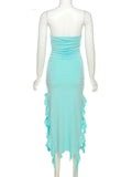 Elegant Strapless Dress Women Irregular Tassel 2023 Summer Trend Skinny Split Maxi Bodycon Birthday Party Clubwear