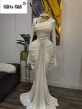 Women Skew Neck Flare Long Sleeve Ruched Stacked Maxi Long Dress Fall Birthday Evening Sexy Party Dresses with Scarf