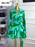 Women Tie Dye Print Flare Long Sleeve Wrap V-neck with Sashes Ruffle Dress 2026 Elegant Vacation Party Birthday Dresses