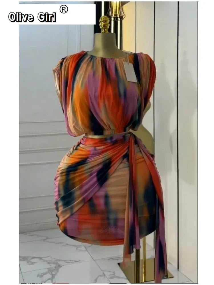 Tie Dye Printed Women's Set Ruched Short Sleeve T-Shirt Tops and Stacked Mini Skirts Suit 2025 Two 2 Piece Sets Outfit