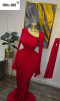 Women Skew Neck Flare Long Sleeve Ruched Stacked Maxi Long Dress Fall Birthday Evening Sexy Party Dresses with Scarf
