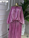 Women Shiny Fuchsia Drawstring Neck Batwing Sleeve Maxi Pleated Dress Fall Street Party Sweet Beach Elegant Long Dresses
