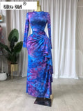 Women Tie Dye Print O-neck Ruched Ribbon Long Dress 2026 Spring Street Evening Birthday Club Party Vestidos Sexy Dresses