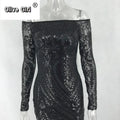 Women Autumn Winter Floor-Length Dress Elegant Long Sleeve Slash Neck Sequin Club Party Dresses Sexy Long Gown Maxi Dress