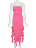 Elegant Strapless Dress Women Irregular Tassel 2023 Summer Trend Skinny Split Maxi Bodycon Birthday Party Clubwear
