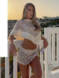 Silver Sequin Fringe 2 Piece Outfit Chic High‑neck Crop Top Mini Skirt Set 2026 Summer Beach Nightclub Party Women Matching Suit