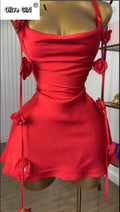 Women Floral Applique Sleeveless Strap Midi A-line Dress Summer Holiday Birthday Sexy Club Party Evening Dresses