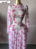 Women Long Sleeve Tie Dye Print O-neck Big Swing Midi A-line Long Maxi Dress 2026 Elegant Evening Birthday Party Dresses