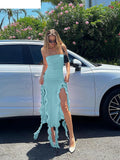 Elegant Strapless Dress Women Irregular Tassel 2023 Summer Trend Skinny Split Maxi Bodycon Birthday Party Clubwear