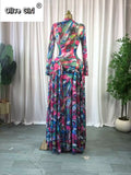 Women O-neck Long Sleeve Big Swing Tie Dye Print Long Dress 2026 Sexy Parties Evening Vacation Maxi Dresses Vestidos