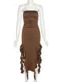 Elegant Strapless Dress Women Irregular Tassel 2023 Summer Trend Skinny Split Maxi Bodycon Birthday Party Clubwear