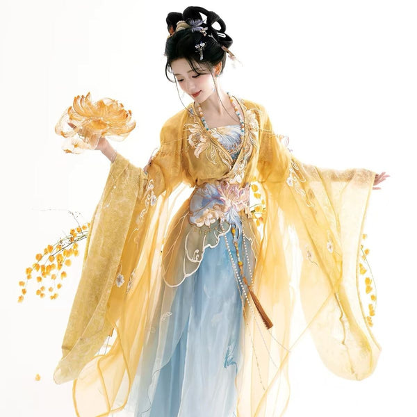 High-end Original Hanfu Dress with Golden Embroidery Flowers Tang-style Floor-length Ethereal and Charming Suitable for Spring and Summer Embroidery Daily Wear Classical Dance Costumes Cosplay Live Streaming and Travel