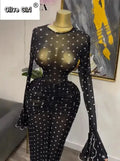 Women Flare Long Sleeve Stacked Dot Mesh See Though with Lining Maxi Long Dress 2025 Evening Birthday Sexy Party Dresses