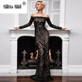 Women Autumn Winter Floor-Length Dress Elegant Long Sleeve Slash Neck Sequin Club Party Dresses Sexy Long Gown Maxi Dress