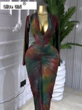 Women Printed Deep V-neck Stacked Ruched Bodycon Midi Maxi Dress 2026 Birthday Holiday Party Trendy Dresses Vestidos