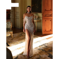 Pearl Beaded Fringe Sleeve Evening Gown High Slit Sparkly Sequined Gala Party Glamorous Luxury Red Carpet Mermaid Dress