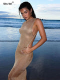 See Through Dress Female 2024Summer Thin Sleeveless Glitter Splits Coquette Backless Clubwear Beach Sexy Vestidos