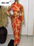 Tie Dye Printed Women Set Wrap Crop Top + Ruched Maxi Skirt 2026 Summer Beach Vacation Birthday Two Piece Set Outfits