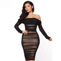 Sexy Black Mesh Summer Dress Women Slash Neck Folds Bodycon Dress Woman Party Night Vintage Elegant Dress Ladies Vestidos
