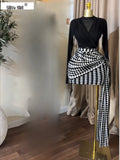 Women Two Piece Pants Set Black Mesh Long Sleeve Top with Black White Geometric Print High Waist Ruched Pants Going Out