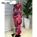 Women Tie Dye Print O-neck Ruched Ribbon Long Dress 2026 Spring Street Evening Birthday Club Party Vestidos Sexy Dresses