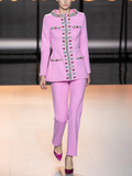 New Arrivals 2026 Designer Luxury Diamond Bead Suit Set Women's Hidden Button Blazer Pink Pencil Pants Suit 2pcs Outfit