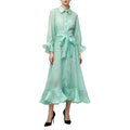 Solid Chic Soft Floral Hollow Out Sheer Flowy Shirt Midi Dress For Women Lapel Long Sleeve Belted Ruffle Hem Vacation Outfit