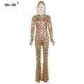 Leopard Letter Print 2 Piece Set Women Tracksuit Sporty Casual Hooded Crop Jacket+Flare Pants Stretch Matching Suits