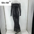 Women Autumn Winter Floor-Length Dress Elegant Long Sleeve Slash Neck Sequin Club Party Dresses Sexy Long Gown Maxi Dress