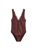 Sexy Satin Lace Patchwork Bodysuit Women V-neck Backless Sleeveless Solid Slim Fit Top 2026 Summer New Fashion Street Clothing